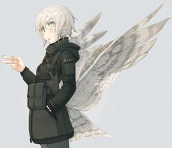  asterisk_kome bird_tail bird_wings coat commentary_request female frances_royce green_jacket grey_pants gun handgun holster holstered jacket low_wings military military_coat pants short_hair standing tail weapon white_hair white_wings winged_fusiliers wings 