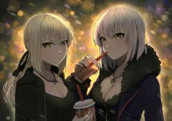  2girls alternate_hairstyle artoria_pendragon_(fate) backlighting black_dress black_ribbon blonde_hair blue_coat blurry blurry_background blush breasts bubble_tea cleavage coat commentary cup disposable_cup dress drinking_straw english_commentary fate/grand_order fate_(series) fur_trim hair_ribbon highres hood hood_down hoodie jeanne_d&#039;arc_alter_(fate) jeanne_d&#039;arc_alter_(ver._shinjuku_1999)_(fate) jewelry kumaartsu low_ponytail medium_breasts medium_hair multiple_girls necklace night official_alternate_costume open_clothes open_coat open_hoodie pixiv_fate/grand_order_contest_1 ribbon saber_alter saber_alter_(ver._shinjuku_1999)_(fate) short_hair standing upper_body white_hair yellow_eyes 