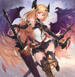  angel_wings armor asymmetrical_dual_wielding bare_shoulders black_gloves black_skirt black_thighhighs blonde_hair boots closed_mouth dark_angel_olivia dual_wielding elbow_gloves feathered_wings female flying gloves gradient_background granblue_fantasy hair_ornament highres holding holding_sword holding_weapon horns knee_pads light_smile long_hair looking_at_viewer miniskirt multicolored_wings multiple_weapons pleated_skirt red_eyes shirt sidelocks skirt sleeveless sleeveless_shirt solo sword taba_comya thigh_boots thighhighs weapon white_shirt wings 