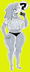  2021 absurd_res aged_down aliasing alternate_costume anthro barefoot beverage big_breasts black_clothing black_underwear boss_monster_(undertale) bovid breasts caprine clothed clothing curvy_figure digital_drawing_(artwork) digital_media_(artwork) fangs feet female fur half-closed_eyes hi_res hillmyna hourglass_figure looking_aside mammal narrowed_eyes navel open_mouth question_mark simple_background solo spilled_drink standing teeth thick_thighs toriel undertale undertale_(series) underwear white_body white_clothing white_fur wide_hips yellow_background 