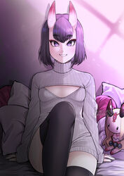  absurdres black_thighhighs bob_cut breasts character_doll commentary dress english_commentary fate/grand_order fate_(series) female grey_sweater grin highres horns ibaraki_douji_(fate) kumaartsu leg_up looking_at_viewer meme_attire no_bra on_bed oni open-chest_sweater pale_skin pillow purple_eyes purple_hair ribbed_sweater short_eyebrows short_hair shuten_douji_(fate) sitting skin-covered_horns small_breasts smile solo sweater sweater_dress thighhighs turtleneck turtleneck_sweater watermark zettai_ryouiki 