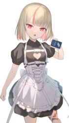  absurdres apron belt black_dress blonde_hair blunt_bangs chest_belt cleavage_cutout clothing_cutout collared_dress colored_inner_hair commentary dress female head_tilt heart_cutout heart_o-ring highres holding looking_at_viewer makaino_ririmu makaino_ririmu_(5th_costume) multicolored_hair nijisanji open_mouth pink_hair pointy_ears puffy_short_sleeves puffy_sleeves rakkasei red_eyes short_hair short_sleeves simple_background solo streaked_hair too_many too_many_belts virtual_youtuber white_apron white_background white_belt 