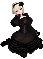  :d black_footwear black_legwear blonde_hair commission female frilled_skirt frills gothic_lolita hairband highres kof:_maximum_impact lolita_fashion looking_at_viewer maximum_impact_ii ninon_beart open_mouth pixiv_commission puffy_sleeves red_eyes short_hair simple_background sitting skirt smile snk solo tetsu_(kimuchi) the_king_of_fighters wariza white_background 