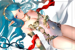  bare_shoulders blue_eyes blue_hair blue_nails breasts bridal_gauntlets cleavage collarbone female granblue_fantasy highres kumonji_aruto leotard long_hair medium_breasts navel neptune_(granblue_fantasy) pointy_ears polearm smile solo trident very_long_hair weapon 