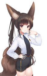  :3 a20_(atsumaru) absurdres animal_ear_fluff animal_ears black_necktie black_skirt blade_&amp;_soul blush brown_eyes brown_hair brown_thighhighs closed_mouth collared_shirt commentary_request commission female fox_ears fox_girl fox_tail hand_on_own_hip hand_to_own_mouth hand_up highres kitsune large_ears long_hair long_sleeves looking_at_viewer lyn_(blade_&amp;_soul) nail_polish necktie pink_nails ponytail shirt sidelocks simple_background skindentation skirt solo tail thighhighs very_long_hair white_background white_shirt 