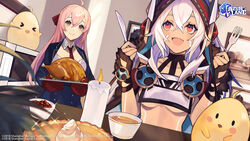  2girls absurdres ahoge azur_lane black_gloves blue_jacket blurry blush bodypaint braid breast_curtain breasts brown_eyes candle center_opening cleavage cloak closed_mouth commentary cranberry cranberry_sauce crown_braid dark_skin depth_of_field detached_collar english_commentary eyelashes facepaint fingerless_gloves food fork gloves gravy hair_between_eyes highres holding holding_fork holding_knife hood hooded_cloak indoors jacket knife logo long_hair manjuu_(azur_lane) medium_breasts minneapolis_(azur_lane) multiple_girls necktie open_mouth oven_mitts pie pink_hair portrait_(object) pumpkin_pie quincy_(azur_lane) red_eyes red_necktie saika_ryougi second-party_source shirt smile sparkle straight_hair tart_(food) thanksgiving turkey_(food) underboob whipped_cream white_hair white_shirt wing_collar 