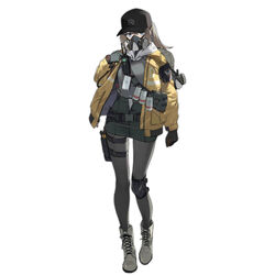  alternate_costume armband baseball_cap belt chinese_commentary commentary_request costume dima_(girls&#039;_frontline) duoyuanjun explosive female full_body gas_mask girls&#039;_frontline grenade hat holster holstered jacket knee_pads looking_at_viewer mask official_art solo tactical_clothes tom_clancy&#039;s_the_division walkie-talkie watch wristwatch yellow_jacket 