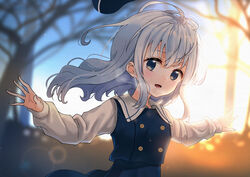  absurdres backlighting beret blue_dress blue_eyes blue_hat blurry blurry_background blush commentary depth_of_field dress female gochuumon_wa_usagi_desu_ka? grey_hair hair_between_eyes hat highres kafuu_chino kafuu_chino&#039;s_school_uniform lens_flare long_hair long_sleeves looking_at_viewer open_mouth outdoors outstretched_arms pinafore_dress sailor_collar same_jarashi school_uniform shirt sleeveless sleeveless_dress solo tree twilight upper_body white_shirt 