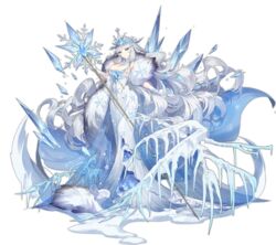  ark_order blue_cape blue_eyes breasts cape cleavage coat diadem dress female frozen fur_coat gloves hat hatoyama_itsuru highres holding holding_staff huge_breasts ice long_dress looking_at_viewer official_art sleeveless sleeveless_dress snow snowflake_print snowflakes solo staff tachi-e the_snow_queen the_snow_queen_(ark_order) transparent_background variant_set white_dress white_gloves white_hair white_hat 