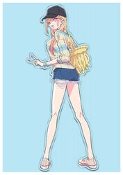  bag barbell_piercing bare_legs black_hat blonde_hair blue_background bracelet commentary denim denim_shorts ear_piercing earrings fake_nails female full_body handbag hat highres jewelry kitagawa_marin long_sleeves multicolored_hair nishihara_erika official_art one_eye_closed outline piercing pink_eyes pink_hair shirt shoes shorts solo sono_bisque_doll_wa_koi_wo_suru striped torn_clothes v vertical_stripes white_outline 