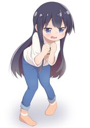  angry black_hair blue_eyes blue_pants blush character_print clenched_hands commentary_request denim female full_body hatafuta higero_(wataten) jeans long_hair long_sleeves no_shoes open_mouth orange_socks pants print_shirt shirosaki_hana shirt simple_background socks solo standing very_long_hair watashi_ni_tenshi_ga_maiorita! wavy_mouth white_background white_shirt 