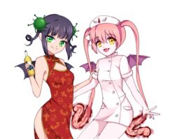  2girls bat_wings black_hair bottle breasts china_dress chinese_clothes cleavage cleavage_cutout clothing_cutout commentary corona-chan corona_(brand) coronavirus coronavirus_pandemic cowboy_shot dp6523 dress ebola-chan english_commentary green_eyes hair_ornament hand_on_another&#039;s_shoulder hat holding holding_bottle looking_at_viewer meme multiple_girls nurse_cap oerba_yun_fang open_mouth original pale_skin personification pink_hair side_slit smile trait_connection transparent_background twintails wings yellow_eyes 