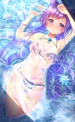  absurdres afloat alternate_costume arm_up armpits blush breasts cleavage commentary double_bun female genshin_impact hair_between_eyes hair_bun highres izumikuu keqing_(genshin_impact) long_hair looking_at_viewer lying midriff navel parted_lips purple_eyes purple_hair see-through sidelocks solo swimsuit twintails wet wet_clothes wet_swimsuit 