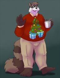  2017 anthro bottomwear bravo brown_body brown_fur christmas christmas_tree clothing container cup fur hi_res holidays humanoid_hands male mammal overweight overweight_male pants plant procyonid raccoon simple_background solo sweater topwear tree white_body white_fur 