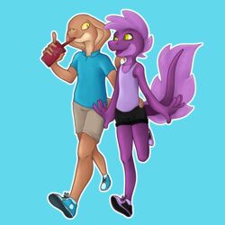  1:1 absurd_res anthro beverage clothed clothing date digital_media_(artwork) duo eel fish hi_res male male/male marine orange_body purple_body ramerooni reptile scalie simple_background smile smoothie snake snake_hood strolling summer walking yellow_eyes 