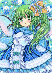  :o blue_gloves blue_ribbon blue_scarf blush center_frills commentary_request cowboy_shot daiyousei fairy_wings female frilled_ribbon frills fur-trimmed_jacket fur-trimmed_scarf fur-trimmed_sleeves fur_trim gloves green_background green_eyes green_hair hair_ribbon head_tilt jacket long_hair looking_at_viewer marker_(medium) one_side_up open_mouth own_hands_together ribbon rui_(sugar3) sample_watermark scarf snowflakes solo touhou traditional_media watermark wings yellow_ribbon 