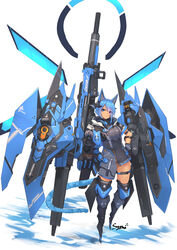  absurdres animal_ears blue_hair blue_theme cat_ears commentary_request commission female gun heterochromia highres huge_weapon looking_at_viewer mecha mecha_musume original robot short_hair syaha weapon 