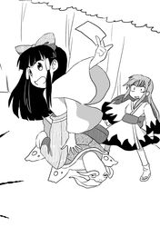  2girls ? bow commentary_request genjii_(touhou) greyscale hachi_(8bit_canvas) hair_down hairbow hakurei_reimu hakurei_reimu_(pc-98) holding holding_paper japanese_clothes long_hair meira_(touhou) monochrome multiple_girls ofuda open_mouth paper riding takemoto_izumi_(style) touhou touhou_(pc-98) turtle wide_sleeves 