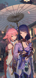  2girls absurdres ancle_(aruncle) animal_ears braid breasts dango earrings food fox_ears fox_girl genshin_impact highres holding holding_umbrella japanese_clothes jewelry kimono long_hair looking_at_viewer mole mole_under_eye multiple_girls nail_polish pale_skin pink_hair purple_eyes purple_hair raiden_shogun shared_umbrella thighhighs umbrella wagashi yae_miko yuri 