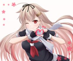  black_gloves black_ribbon black_skirt blonde_hair cowboy_shot eyelashes fingerless_gloves flower_(symbol) gloves gradient_hair hair_flaps hair_ornament hair_ribbon hands_up heart heart_hands highres kantai_collection long_hair looking_at_viewer multicolored_hair neckerchief one_eye_closed red_eyes red_neckerchief ribbon ryouki_(ryoki_215) scarf school_uniform serafuku short_sleeves skirt smile twitter_username white_background white_scarf yuudachi_(kancolle) yuudachi_kai_ni_(kancolle) 