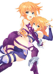  2girls :d all_fours armpits ass asymmetrical_docking backless_outfit bare_shoulders between_legs blue_eyes blue_skirt blush boots braid braided_ponytail breast_press breasts chains cowgirl_position cuffs date_a_live detached_sleeves drill_hair frown garter_straps handcuffs happy high_heel_boots high_heels highres kneeling large_breasts legs long_hair looking_at_viewer looking_back lying medium_breasts miniskirt multiple_girls on_back orange_hair pink_thighhighs purple_shorts ramu-on@_shinon short_shorts shorts siblings sidelocks sisters skirt smile thigh_boots thighhighs thighs twin_drills twins underboob very_long_hair yamai_kaguya yamai_yuzuru 