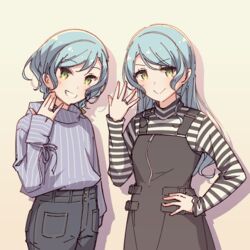  &gt;:) 2girls aqua_hair ayasaka bad_id bad_twitter_id bang_dream! black_dress blue_shirt braid commentary denim dress drop_shadow green_eyes grin hand_on_own_hip hand_up hikawa_hina hikawa_sayo jeans jewelry kudou_haruka_(voice_actor) long_hair long_sleeves looking_at_viewer multiple_girls ozawa_ari pants photo-referenced pinafore_dress ring shirt short_hair siblings side_braids sisters sleeveless sleeveless_dress smile striped_clothes striped_shirt symbol-only_commentary tan_background twins v-shaped_eyebrows vertical-striped_clothes vertical-striped_shirt voice_actor_connection 