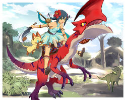  blue_dress blue_hair braid breasts character_request claws dinosaur dress feline felyne female flower full_body green_eyes hair_flower hair_ornament hibiscus highres holding holding_sword holding_weapon iodrome jumping monster monster_hunter_(series) monster_hunter_stories_2 nyoro_(nyoronyoro000) open_mouth protagonist_(mhs2) red_flower riding scales sharp_teeth short_dress slit_pupils small_breasts sword teeth twin_braids v-shaped_eyebrows weapon weapon_on_back 