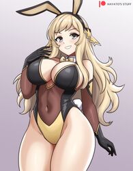  alternate_costume animal_ears bow bowtie breasts bunny_day cleavage female fire_emblem fire_emblem_fates gloves grey_eyes grin hayato_stuff highres large_breasts long_hair ophelia_(fire_emblem) playboy_bunny rabbit_ears sidelocks smile solo swept_bangs 