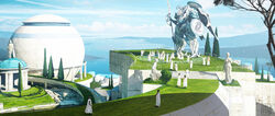  absurdres ancient_greek_clothes bad_deviantart_id bad_id blue_sky cloud commentary day dofresh english_commentary greco-roman_clothes greek_mythology highres horizon marble_(stone) marble_sculpture mecha ocean original outdoors people photoshop_(medium) realistic robot scenery science_fiction shore signature sky statue temple toga tree 