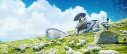  1boy absurdres ancient_greek_clothes bad_deviantart_id bad_id bird black_hair blue_sky cloud cloudy_sky commentary damaged dated day dofresh english_commentary from_side grass greco-roman_clothes greek_mythology highres holding holding_staff mecha negative_space ocean original outdoors photoshop_(medium) plain realistic robe robot ruins scenery sheep shepherd signature sky solo staff standing white_robe wreckage 