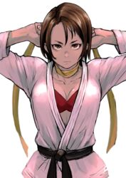  6maker absurdres bra breasts brown_eyes brown_hair cleavage cosplay dougi female highres justice_gakuen karate_gi kazama_akira makoto_(street_fighter) makoto_(street_fighter)_(cosplay) medium_breasts red_bra serious solo street_fighter street_fighter_v underwear upper_body v-shaped_eyebrows 