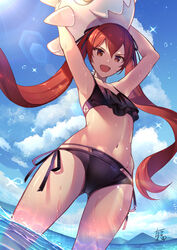  :d alternate_costume armpits arms_up ass_visible_through_thighs bikini black_bikini black_ribbon blue_sky collarbone day female fire_emblem fire_emblem_fates flat_chest from_below highres inflatable_toy lens_flare long_hair looking_at_viewer looking_down navel ocean open_mouth outdoors red_eyes red_hair ribbon selena_(fire_emblem_fates) side-tie_bikini_bottom signature sky smile solo standing stomach swimsuit tarayuki v-shaped_eyebrows very_long_hair wading water 