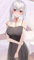  :o absurdres bare_shoulders bed black_dress blush breasts check_commentary cleavage commentary commentary_request contrapposto cowboy_shot dress female grey_hair hair_between_eyes hakase_fuyuki highres indoors large_breasts long_hair looking_at_viewer neck_ribbon nightgown nijisanji nose_blush rakkasei red_eyes red_ribbon ribbon see-through solo spaghetti_strap strap_slip sweat virtual_youtuber 