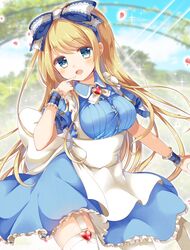  :d apron aqua_eyes arch back_bow blonde_hair blue_dress blurry blurry_background blush bow breasts brooch button_gap collared_dress cowboy_shot day depth_of_field dress emu_alice female finger_to_mouth garter_straps gomano_rio hairband hairbow heart highres jewelry large_bow light_rays liver_city long_hair looking_at_viewer medium_breasts open_mouth outdoors petals pointing pointing_at_self puffy_sleeves sidelocks smile solo sparkle sunbeam sunlight tareme thighhighs trellis white_apron white_bow white_thighhighs wrist_cuffs 