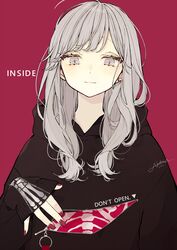  ahoge akakura black_hoodie blush closed_mouth clothes_writing earrings english_text female fingernails grey_eyes grey_hair highres hood hood_down hoodie jewelry original red_background red_nails signature simple_background single_earring skeleton_print sleeves_past_wrists smile solo stud_earrings upper_body zipper zipper_pull_tab 