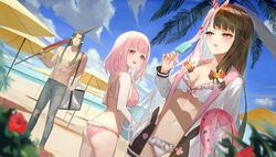  1boy 2girls abs absurdres ass back bag ball beach beach_umbrella beachball bikini black_hair blue_sky breasts cloud day dutch_angle elf flower food frilled_bikini frills gradient_hair green_hair grey_hair grey_pants hair_ornament hanabatake_chaika hanabatake_chaika_(4th_costume) hibiscus highres holding holding_food horizon innertube jacket large_breasts long_hair looking_at_another medium_breasts medium_hair multicolored_hair multiple_girls navel nijisanji ocean official_alternate_costume one_side_up open_clothes open_jacket open_mouth outdoors palm_tree pants pink_bikini pink_eyes pink_hair pointy_ears popsicle rabbit_hair_ornament rakkasei red_eyes red_flower red_hair shiina_yuika shiina_yuika_(6th_costume) sky smile split-color_hair standing stomach streaked_hair swim_ring swimsuit topless torn_clothes tree two-tone_hair umbrella very_long_hair virtual_youtuber water white_bikini yorumi_rena yorumi_rena_(7th_costume) 