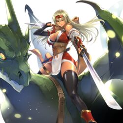  absurdres alternate_costume blonde_hair boots breasts cleavage commission commissioner_upload dark-skinned_female dark_skin dragon dress english_commentary female fire_emblem fire_emblem:_the_binding_blade fire_emblem_heroes fuse_ryuuta highres igrene_(fire_emblem) igrene_(ninja)_(fire_emblem) katana kunai large_breasts long_hair mixed-language_commentary mole mole_under_eye ninja non-web_source official_alternate_costume pelvic_curtain red_dress riding scarf short_dress skeb_commission sword thigh_boots thighhighs weapon wyvern yellow_eyes 