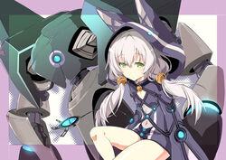  altina_orion animal_ears animal_hood commentary_request cutout_above_navel eiyuu_densetsu expressionless female green_eyes highres hood hood_up looking_at_viewer okiura photoshop_(medium) sen_no_kiseki solo twintails white_hair 