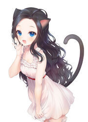  :d a20_(atsumaru) animal_ears bare_arms bare_shoulders black_hair blade_&amp;_soul blue_eyes blush cat_ears cat_girl cat_tail collarbone commentary_request commission dress female forehead frilled_dress frills hand_up highres long_hair looking_at_viewer lyn_(blade_&amp;_soul) open_mouth parted_bangs sidelocks simple_background sleeveless sleeveless_dress smile solo tail tail_raised very_long_hair wavy_hair white_background white_dress 