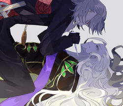  2boys absurdres all_fours antonio_salieri_(fate) antonio_salieri_(second_ascension)_(fate) bags_under_eyes black_gloves blonde_hair cross curly_hair evil_smile fate/grand_order fate_(series) fingernails from_side gloves grey_hair hand_on_another&#039;s_chin highres holding holding_cross holding_knife holding_weapon kittchi_(kmmr_004) knife long_hair long_sleeves looking_at_another lying male_focus multiple_boys on_back open_mouth pendant_watch pointing_weapon purple_eyes red_eyes sharp_fingernails short_hair simple_background smile very_long_hair weapon white_background wide-eyed wolfgang_amadeus_mozart_(fate) yaoi 