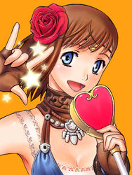  :d \m/ blue_eyes breasts brown_gloves brown_hair circlet cleavage crossed_bangs female final_fantasy final_fantasy_xi fingerless_gloves flower gloves hair_flower hair_ornament heart heart_wand holding holding_wand hume lower_teeth_only macross macross_frontier mumor open_mouth orange_background red_flower red_rose rose seikan_hikou short_hair simple_background smile solo taisai_soft teeth upper_body wand 