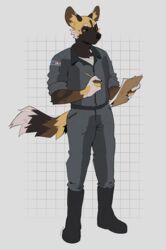  2022 african_wild_dog anthro arms_bent athletic big_ears black_nose boots canid canine clipboard clothed clothing dual_holding fari_paredes footwear fur fur_pattern fuzzy_tail hi_res holding_clipboard holding_object holding_pencil holding_writing_utensil jumpsuit male mammal multicolored_body multicolored_fur orange_eyes pencil_(object) science_fiction simple_background solo standing straight_legs strayserval writing_utensil 