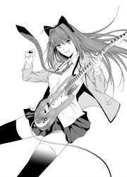  animal_ears aozaki_aoko blazer buttons cable cat_ears commentary electric_guitar fake_animal_ears female fender_mustang greyscale guitar hair_between_eyes highres holding holding_instrument instrument jacket long_hair looking_at_viewer mahou_tsukai_no_yoru monochrome music necktie nose open_clothes open_jacket plaid plaid_skirt playing_instrument plectrum school_uniform shirt sidelocks simple_background skirt smile solo takai_isshiki thighhighs white_background zettai_ryouiki 