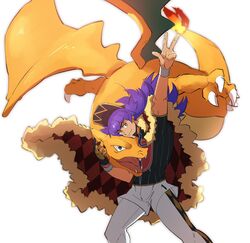  1boy argyle arm_up baseball_cap cape champion_uniform charizard charizard_pose claws closed_mouth dark-skinned_male dark_skin dynamax_band facial_hair fire flame-tipped_tail fur-trimmed_cape fur_trim gloves hat highres leggings legs_apart leon_(pokemon) long_hair male_focus morio_(poke_orio) pokemon pokemon_(creature) pokemon_swsh purple_hair red_cape shield_print shirt short_shorts short_sleeves shorts single_glove smile sword_print w white_legwear white_shorts yellow_eyes 