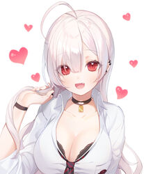  :d a20_(atsumaru) ahoge black_bra black_choker blade_&amp;_soul blush bra breasts choker cleavage collarbone collared_shirt commentary_request commission dress_shirt ear_piercing earrings eyes_visible_through_hair female grey_hair hair_over_one_eye hand_up heart highres jewelry jin_(blade_&amp;_soul) large_breasts long_hair looking_at_viewer oerba_yun_fang open_mouth piercing red_eyes shirt simple_background slit_pupils smile solo underwear white_background white_shirt 