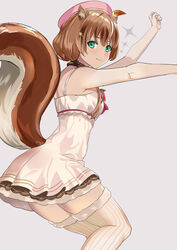  :3 animal_ears ayunda_risu ayunda_risu_(1st_costume) bare_shoulders blazingchaos brown_hair dancing dress female fur-trimmed_legwear fur_trim green_eyes hair_between_eyes hat highres hololive hololive_indonesia long_hair looking_at_viewer looking_back low_twintails multicolored_hair pink_hat ribbed_legwear short_dress smile solo sparkle squirrel_ears squirrel_girl squirrel_tail streaked_hair tail the_monkey thighhighs twintails virtual_youtuber white_dress zettai_ryouiki 