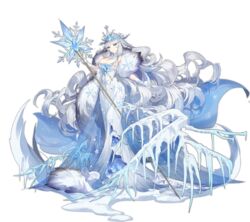  ark_order blue_cape blue_eyes breasts cape cleavage coat diadem dress female frozen fur_coat gloves hat hatoyama_itsuru highres holding holding_staff huge_breasts ice long_dress looking_at_viewer official_art sleeveless sleeveless_dress snow snowflake_print snowflakes solo staff tachi-e the_snow_queen the_snow_queen_(ark_order) transparent_background variant_set white_dress white_gloves white_hair white_hat 