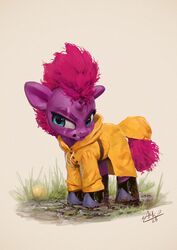  2021 assasinmonkey blue_eyes boots broken_horn clothed clothing coat digital_media_(artwork) digital_painting_(artwork) equid equine female feral footwear friendship_is_magic hair hasbro hi_res horn mammal my_little_pony my_little_pony:_the_movie_(2017) mythological_creature mythological_equine mythology outside pink_hair purple_body purple_horn quadruped raincoat scar solo standing teeth tempest_shadow_(mlp) topwear unicorn unicorn_horn 