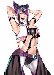  :d armpits arms_behind_head black_choker blue_eyes breasts choker eye_(mememem) female heterochromia highres juri_han looking_at_viewer navel open_mouth purple_eyes purple_hair revealing_clothes simple_background smile solo spiked_choker spikes stomach street_fighter street_fighter_6 upper_body white_background 