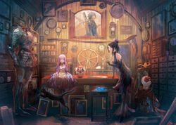  2girls alarm_clock animal arch armor bare_shoulders black_cat black_dress black_footwear black_gloves black_legwear blood blood_on_weapon blue-framed_eyewear blue-tinted_eyewear blue_dress blunt_bangs breasts brown_hair butterfly_hair_ornament carnival_mask character_name character_request chest_of_drawers chronica cleavage clock dress elbow_gloves feline floating_hair full_armor gloves glowing goggles hair_ornament halter_dress halterneck high_heels highres indoors instrument_case jumping light_smile loaded_interior long_hair looking_at_viewer low_ponytail mannequin mask multiple_girls noir_(ibaraki) oil_lamp open_window painting_(object) pantyhose pendulum_clock photo_(object) picture_frame pink_hair ponytail puffy_short_sleeves puffy_sleeves purple_eyes room running_bond rust scroll scythe shelf short_sleeves side_slit sidelocks sitting skull sleeveless sleeveless_dress song_request sound_horizon spinning_wheel spool stairs standing stool table thanatos-ko thread tinted_eyewear unworn_eyewear very_long_hair weapon window wooden_floor wooden_wall 